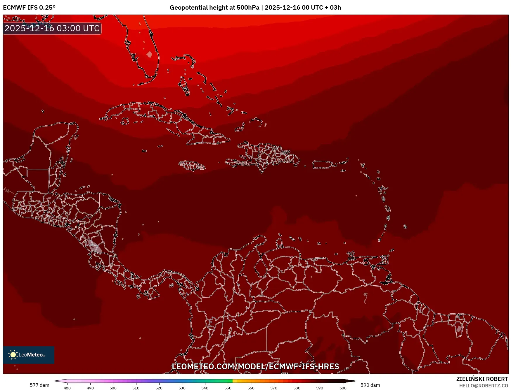 ECMWF IFS 0.25° model - Caribbean, Geopotential height at 500hPa
