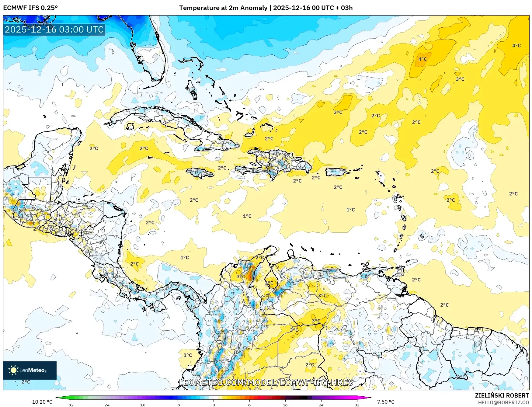 ECMWF IFS 0.25° model - Caribbean, Temperature at 2m Anomaly