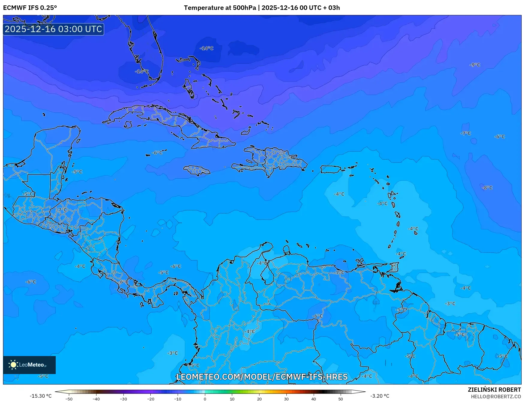 ECMWF IFS 0.25° model - Caribbean, Temperature at 500hPa