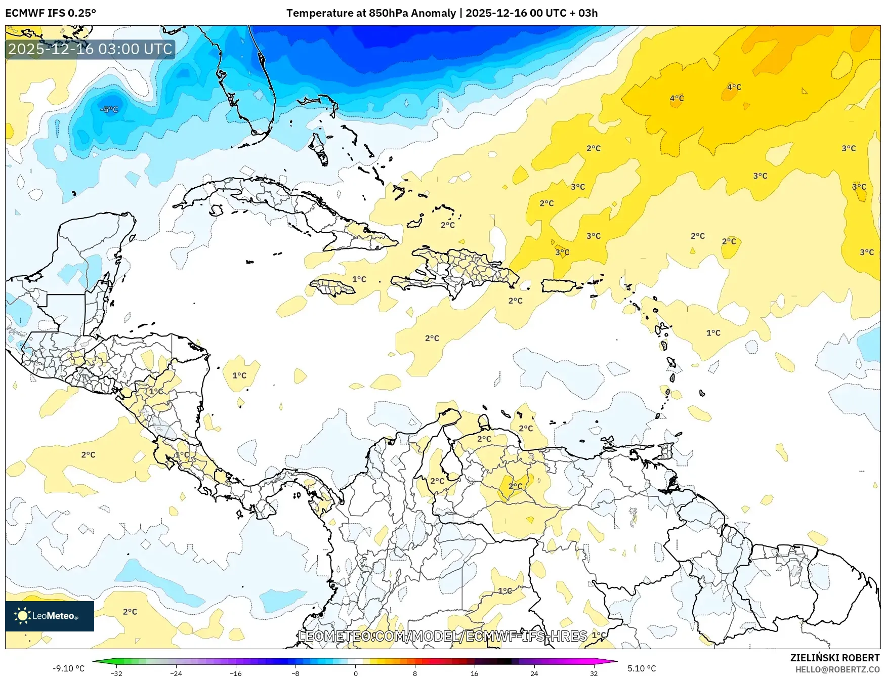 ECMWF IFS 0.25° model - Caribbean, Temperature at 850hPa Anomaly