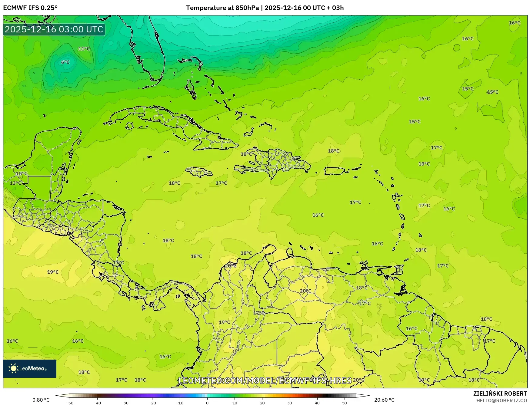 ECMWF IFS 0.25° model - Caribbean, Temperature at 850hPa