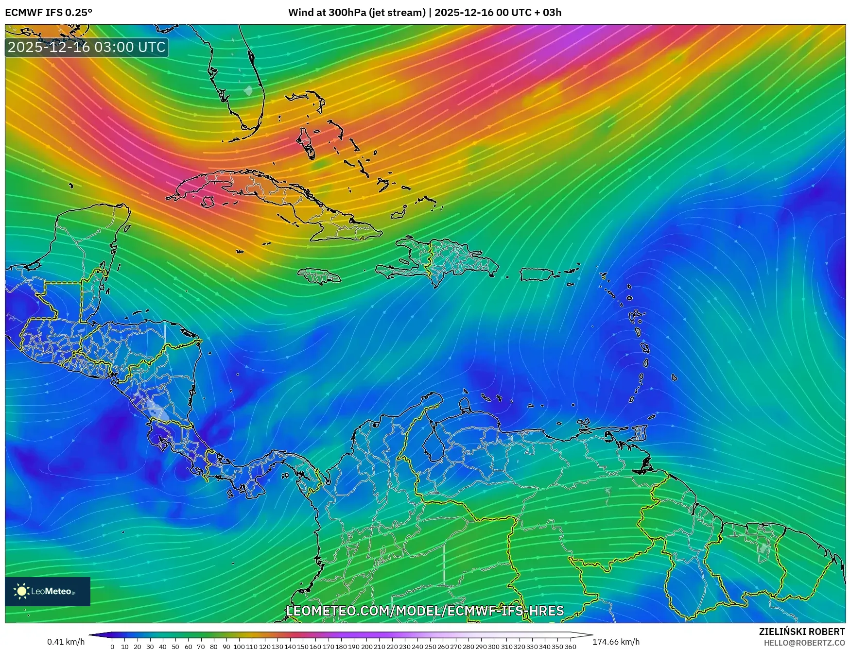 ECMWF IFS 0.25° model - Caribbean, Wind at 300hPa (jet stream)