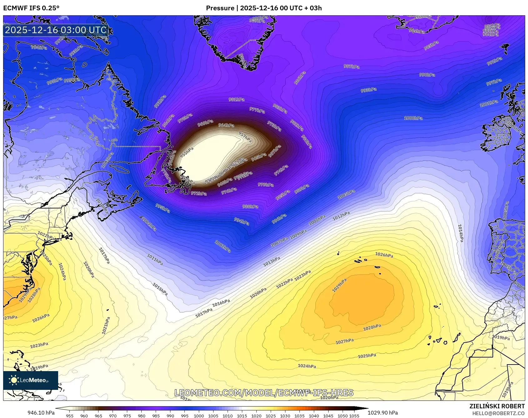 ECMWF IFS 0.25° model - North Atlantic, Pressure