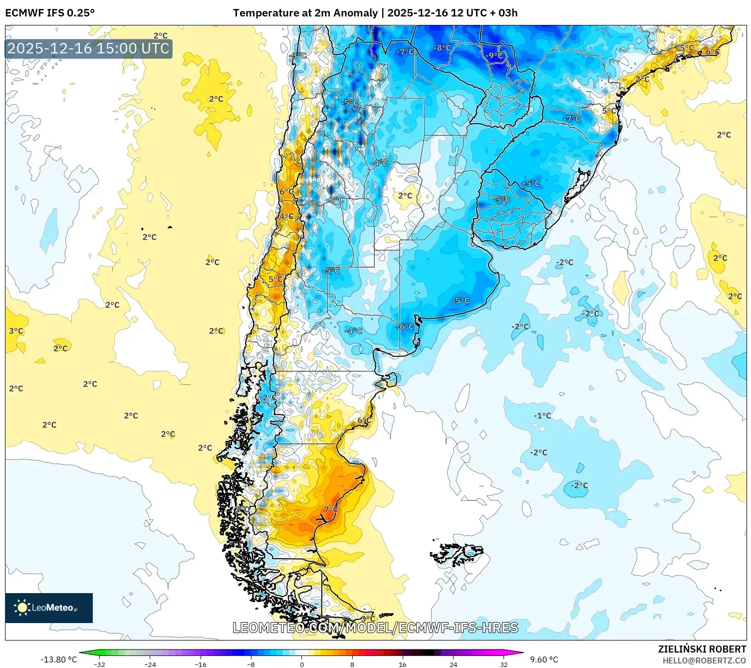 ECMWF IFS 0.25° model - Argentina, Temperature at 2m Anomaly