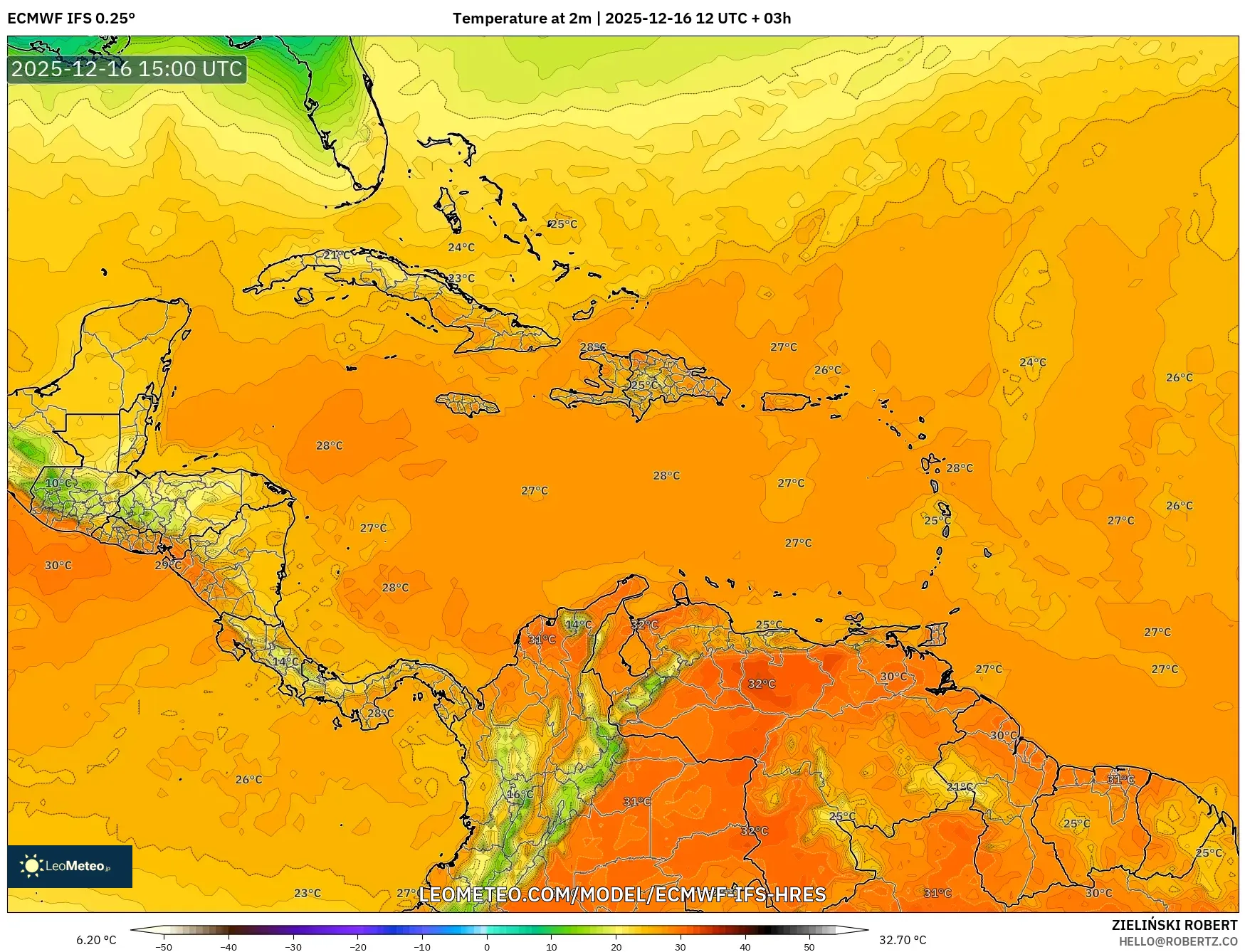 ECMWF IFS 0.25° model - Caribbean, Temperature at 2m