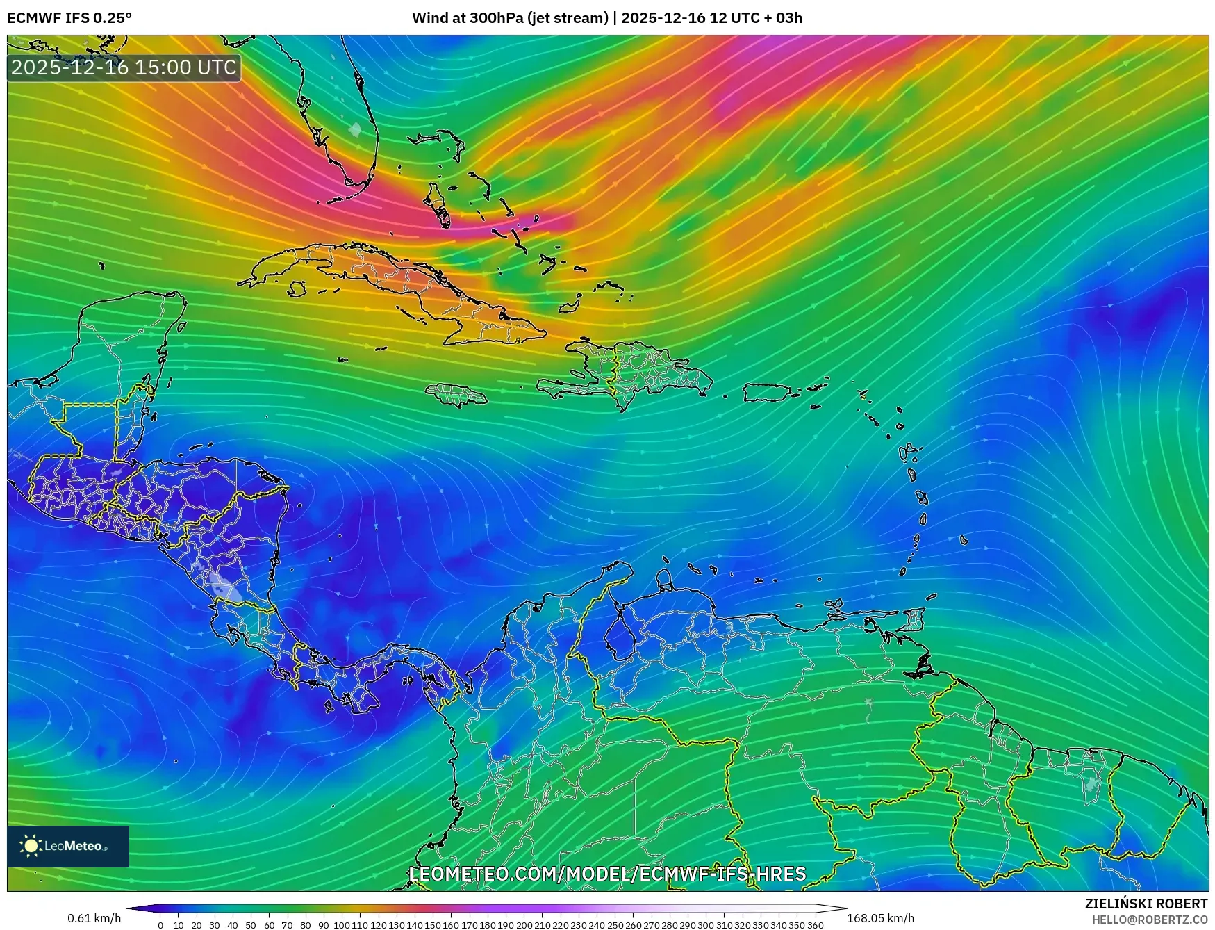 ECMWF IFS 0.25° model - Caribbean, Wind at 300hPa (jet stream)