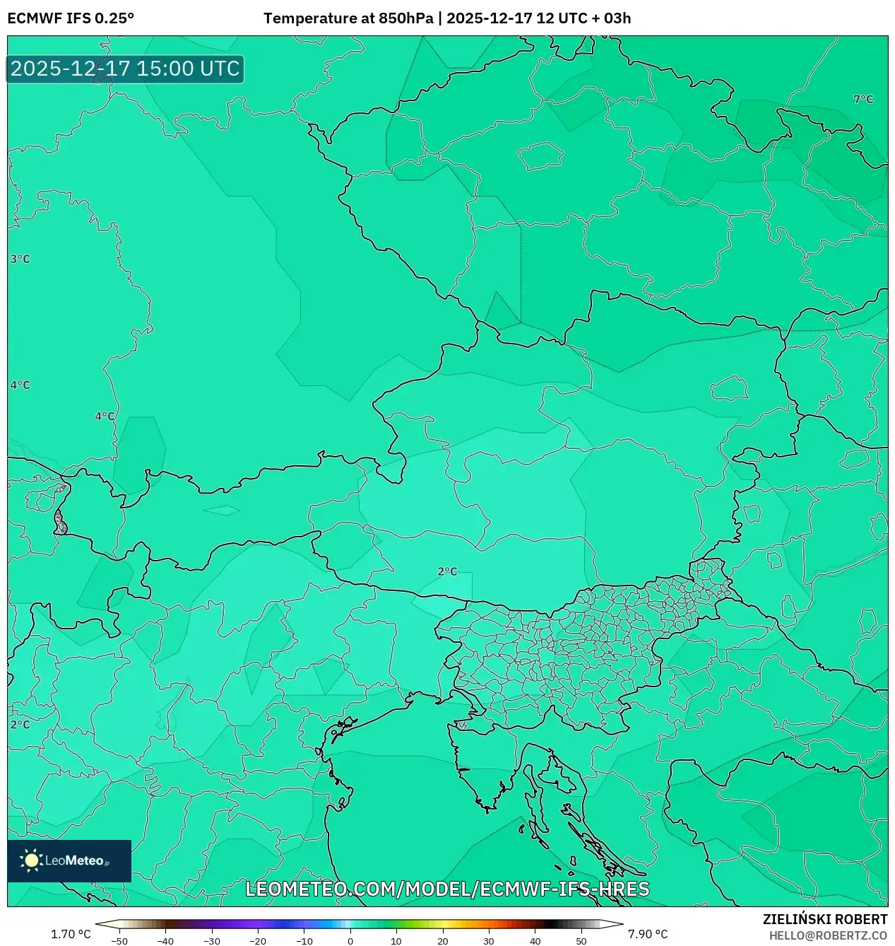 ECMWF IFS 0.25° model - Austria, Temperature at 850hPa