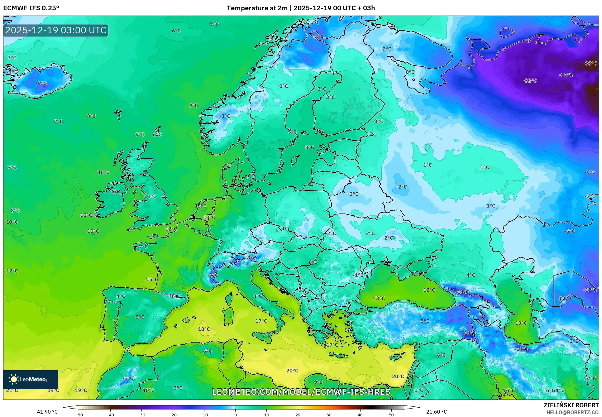 ECMWF IFS 0.25° model - Europe, Temperature at 2m