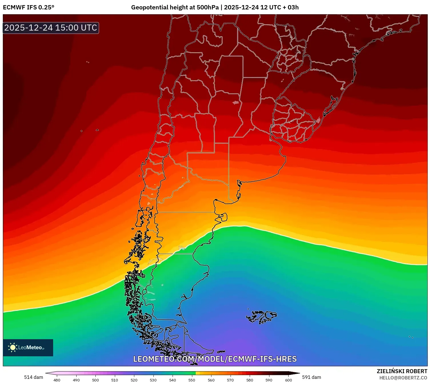 ECMWF IFS 0.25° model - Argentina, Geopotential height at 500hPa
