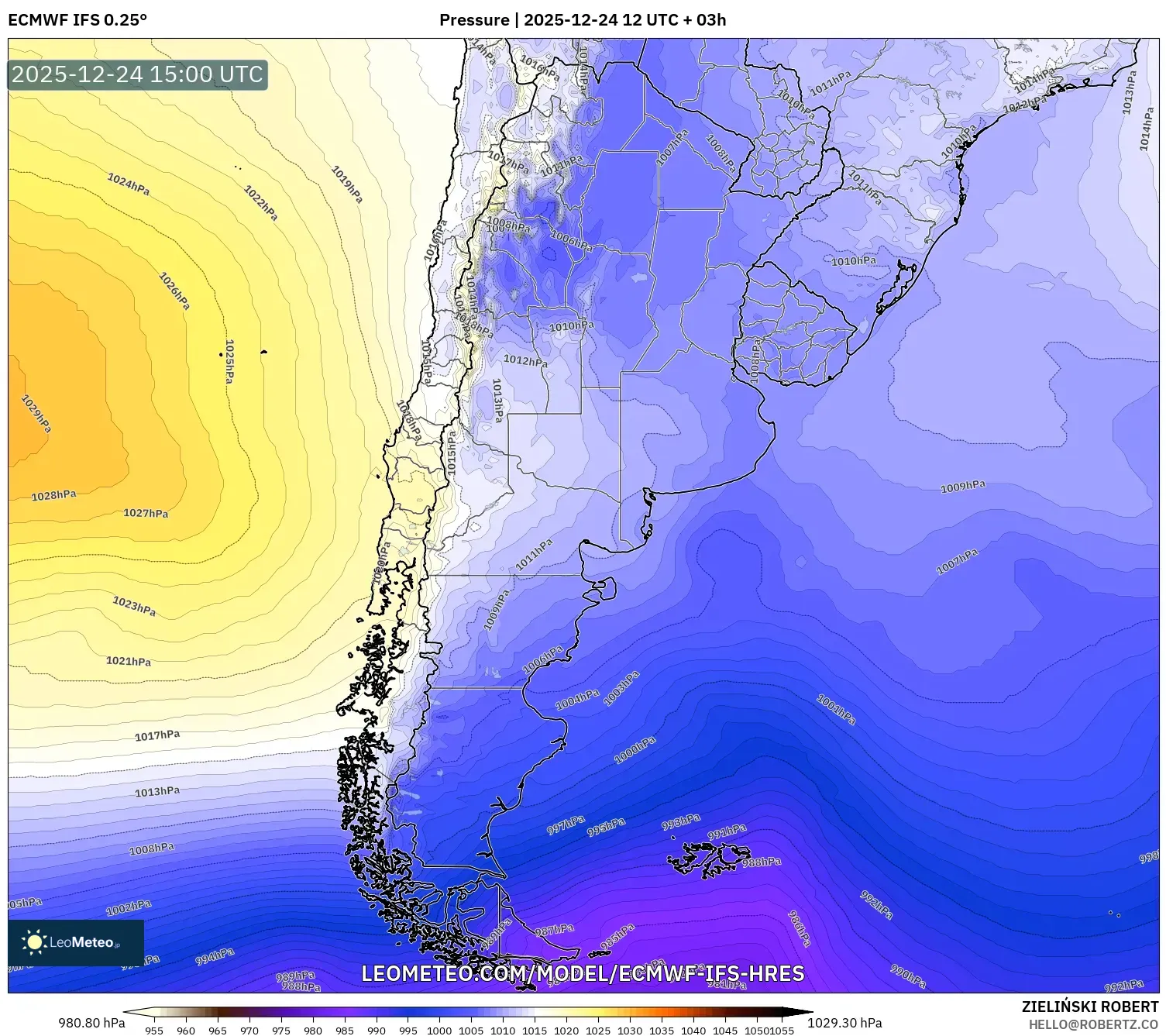 ECMWF IFS 0.25° model - Argentina, Pressure
