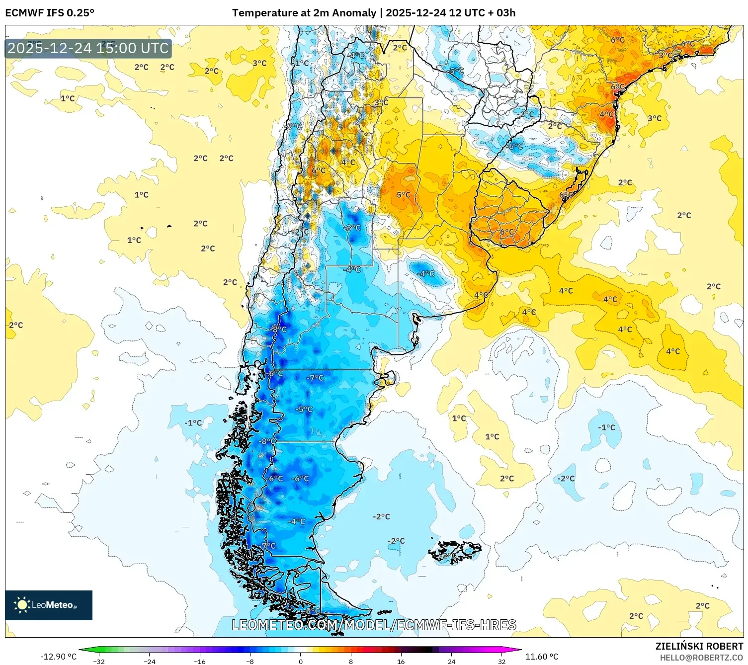 ECMWF IFS 0.25° model - Argentina, Temperature at 2m Anomaly