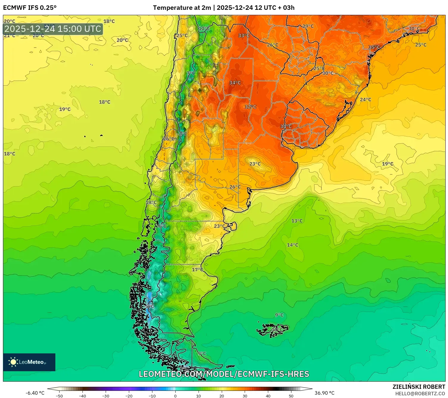 ECMWF IFS 0.25° model - Argentina, Temperature at 2m