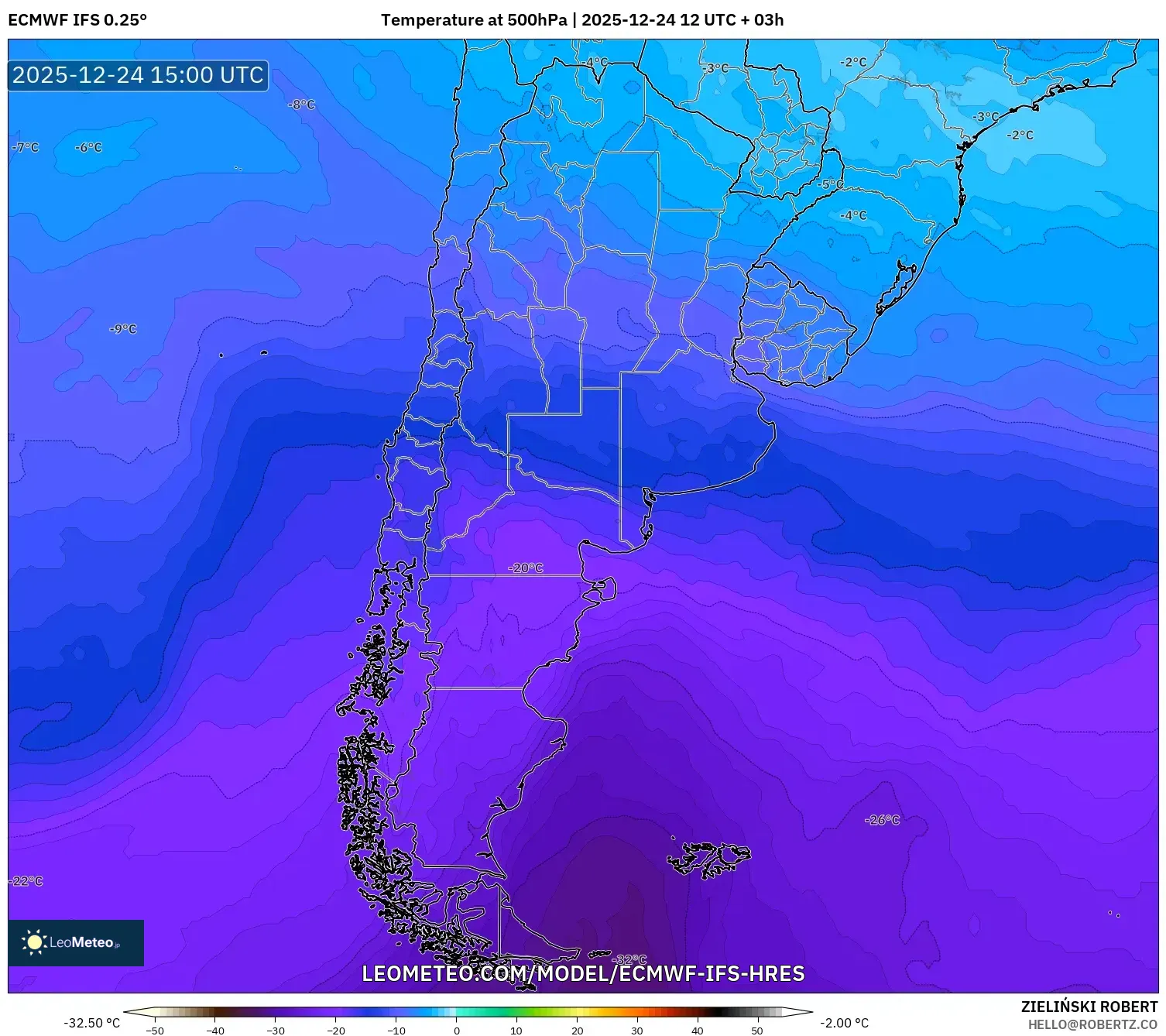 ECMWF IFS 0.25° model - Argentina, Temperature at 500hPa