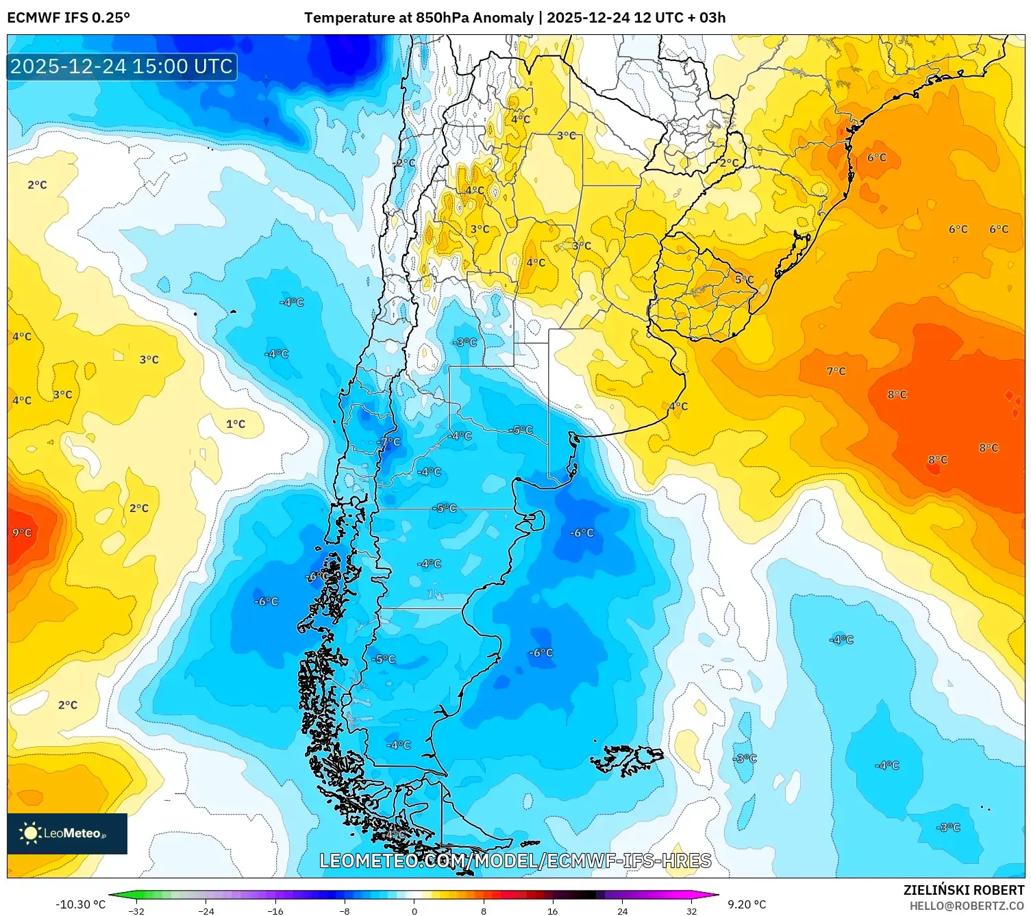 ECMWF IFS 0.25° model - Argentina, Temperature at 850hPa Anomaly