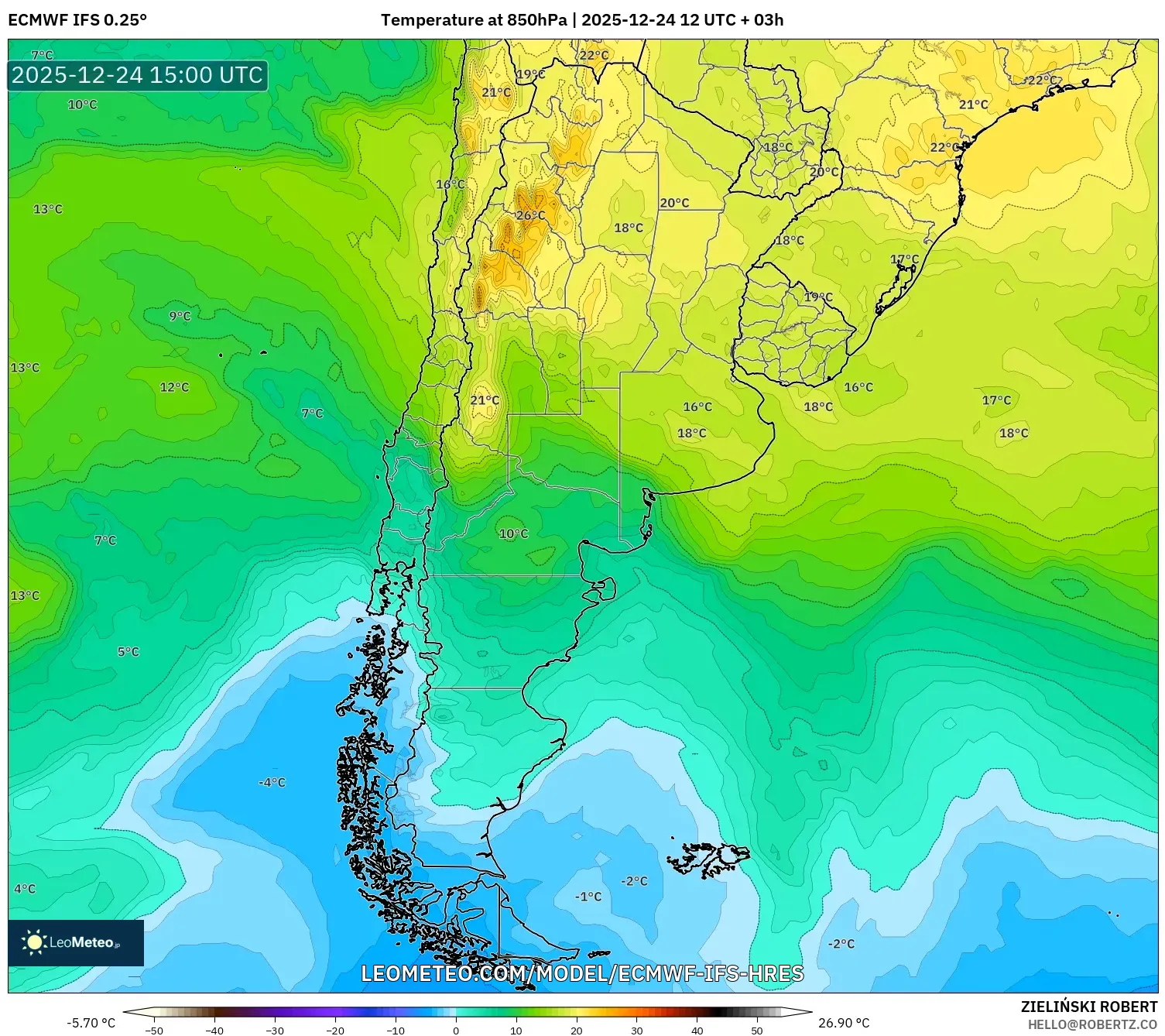 ECMWF IFS 0.25° model - Argentina, Temperature at 850hPa