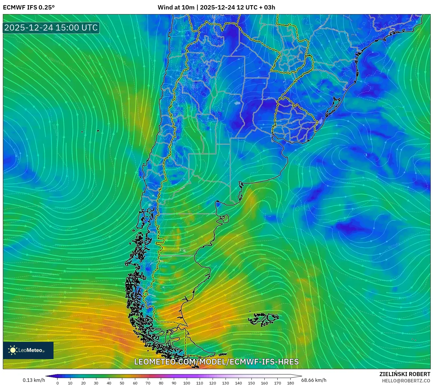 ECMWF IFS 0.25° model - Argentina, Wind at 10m
