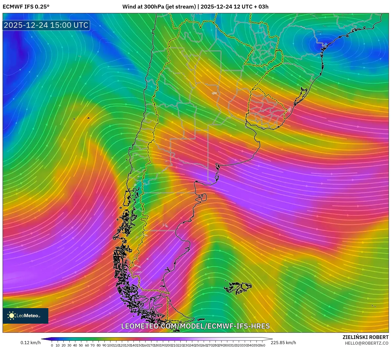 ECMWF IFS 0.25° model - Argentina, Wind at 300hPa (jet stream)