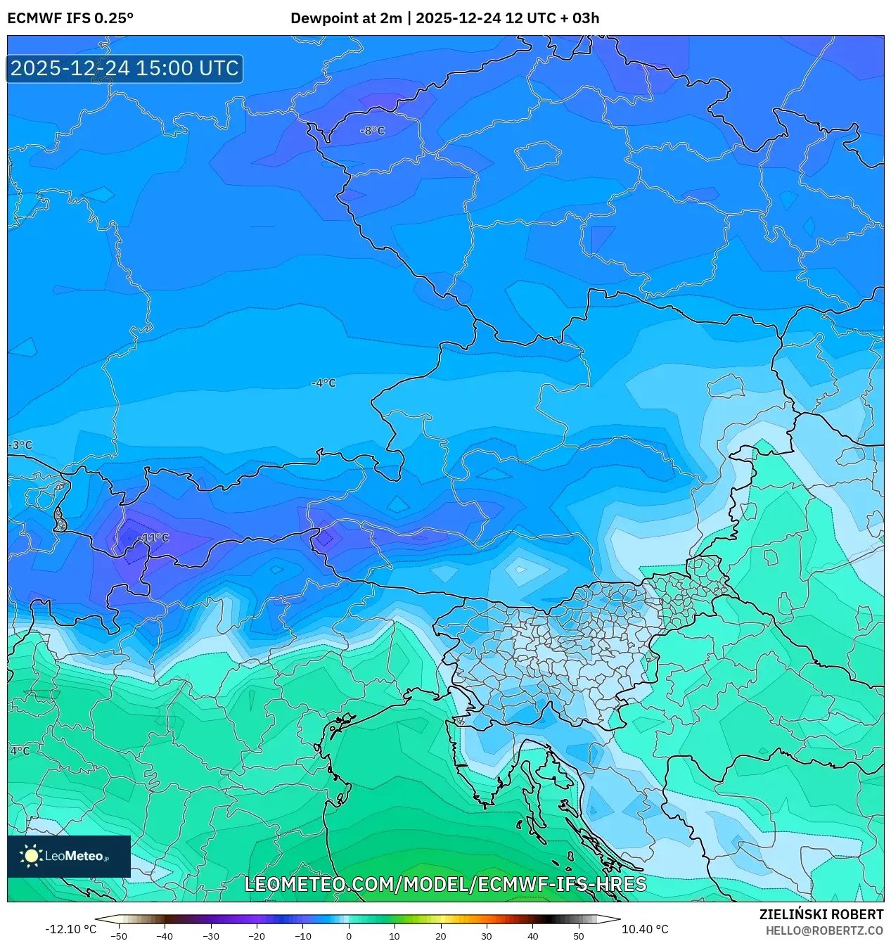 ECMWF IFS 0.25° model - Austria, Dewpoint at 2m