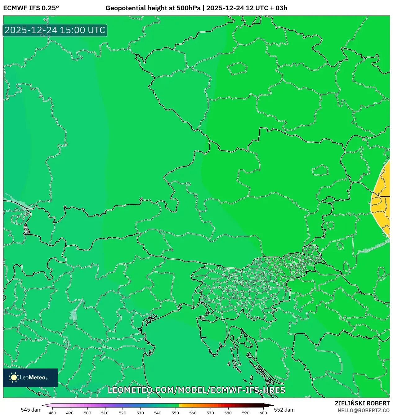 ECMWF IFS 0.25° model - Austria, Geopotential height at 500hPa