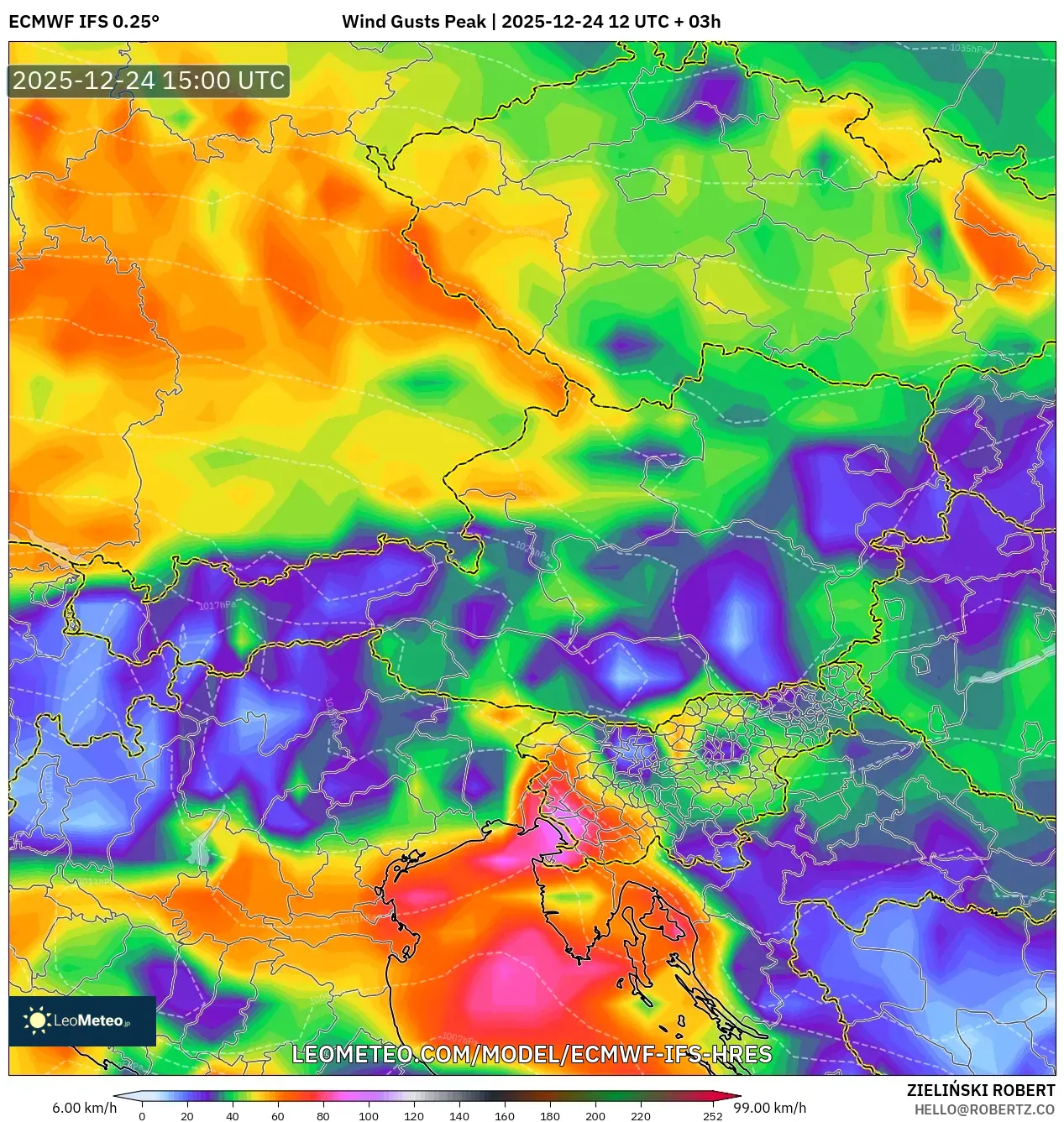 ECMWF IFS 0.25° model - Austria, Wind Gusts Peak