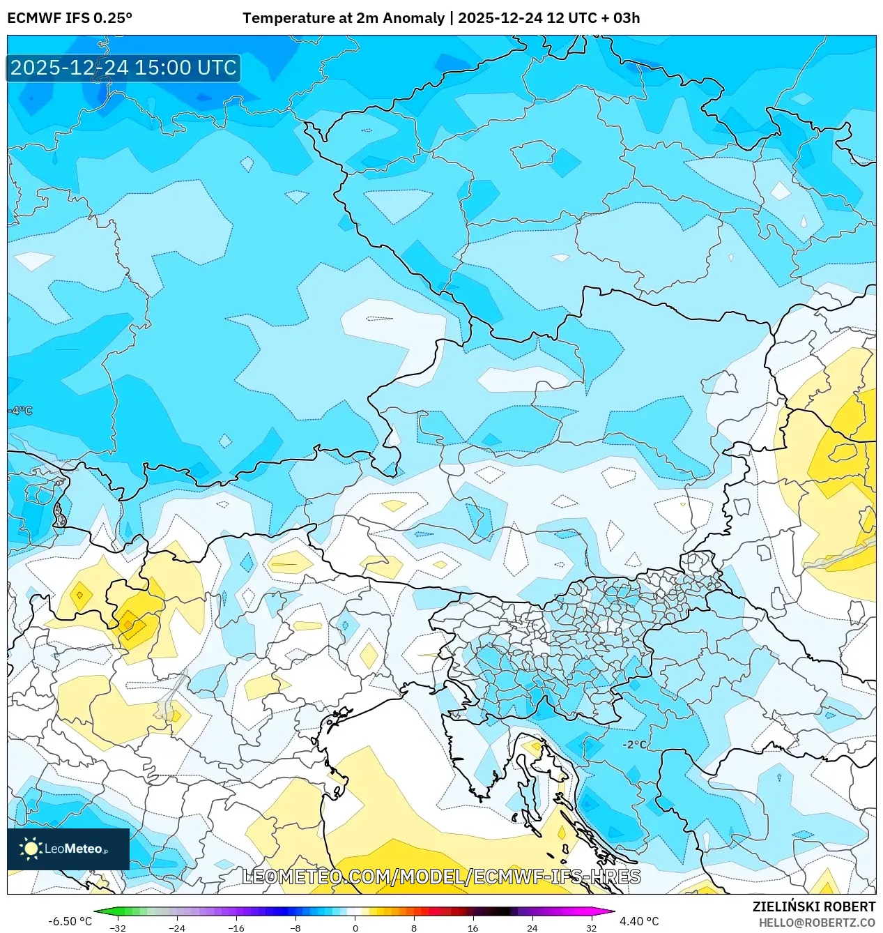 ECMWF IFS 0.25° model - Austria, Temperature at 2m Anomaly