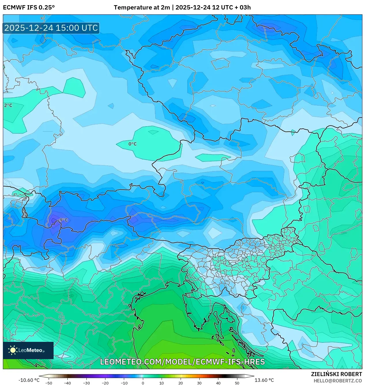 ECMWF IFS 0.25° model - Austria, Temperature at 2m