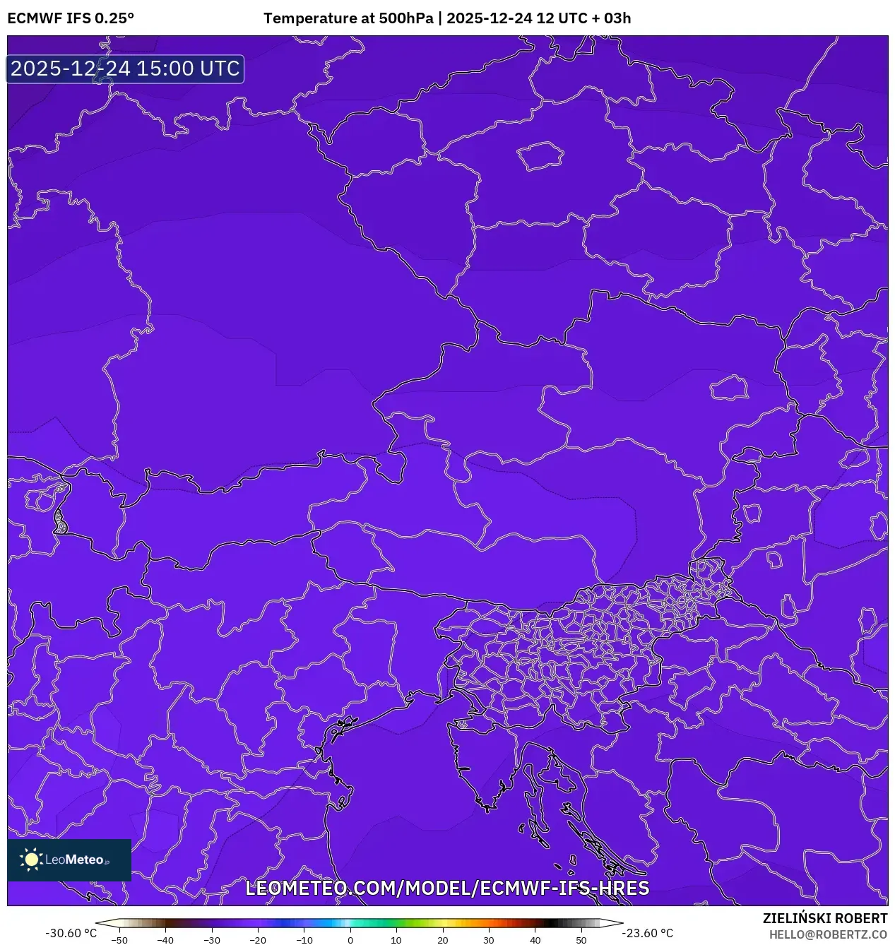 ECMWF IFS 0.25° model - Austria, Temperature at 500hPa