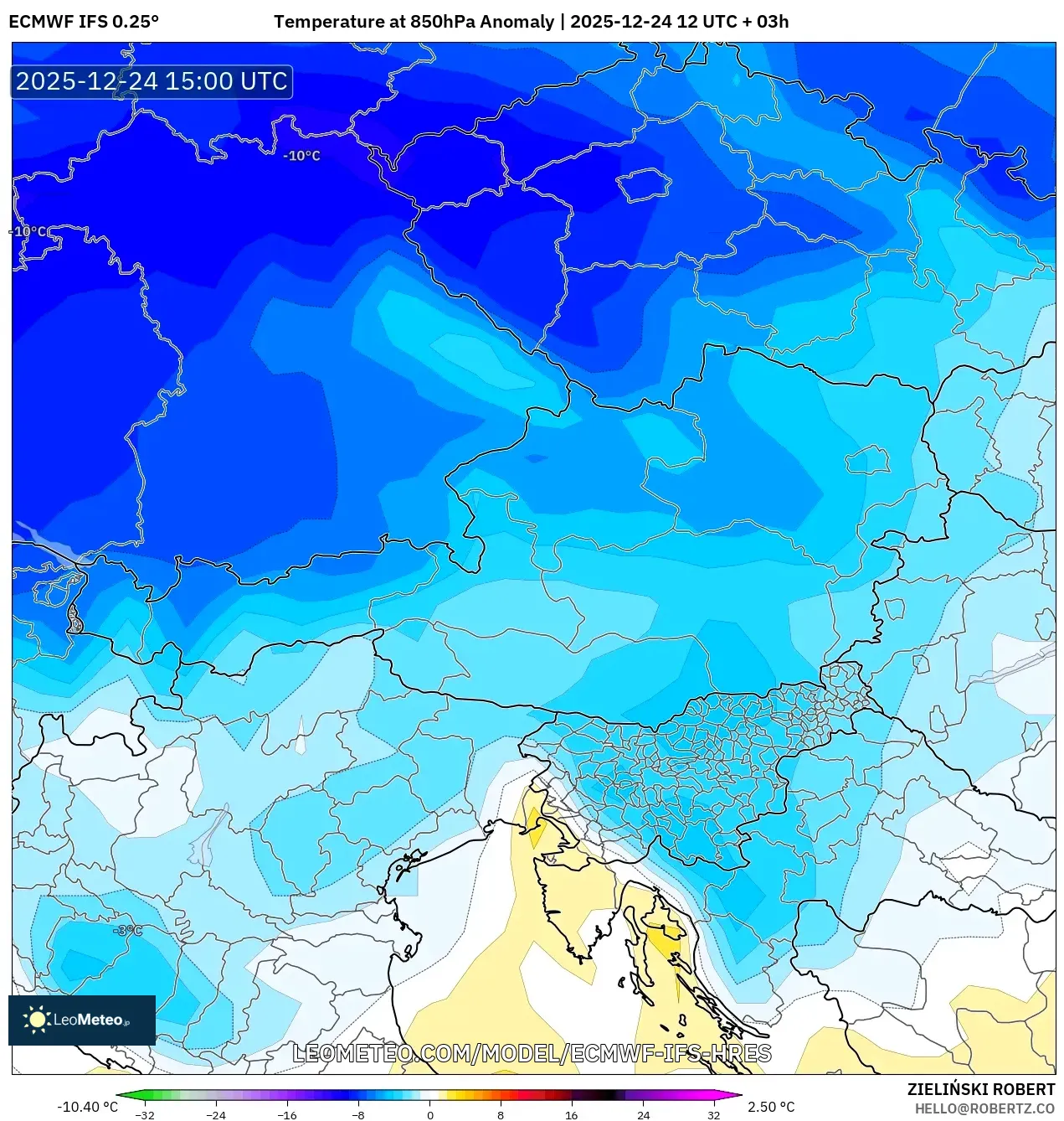 ECMWF IFS 0.25° model - Austria, Temperature at 850hPa Anomaly