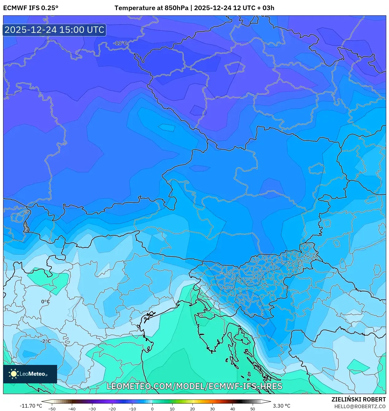 ECMWF IFS 0.25° model - Austria, Temperature at 850hPa