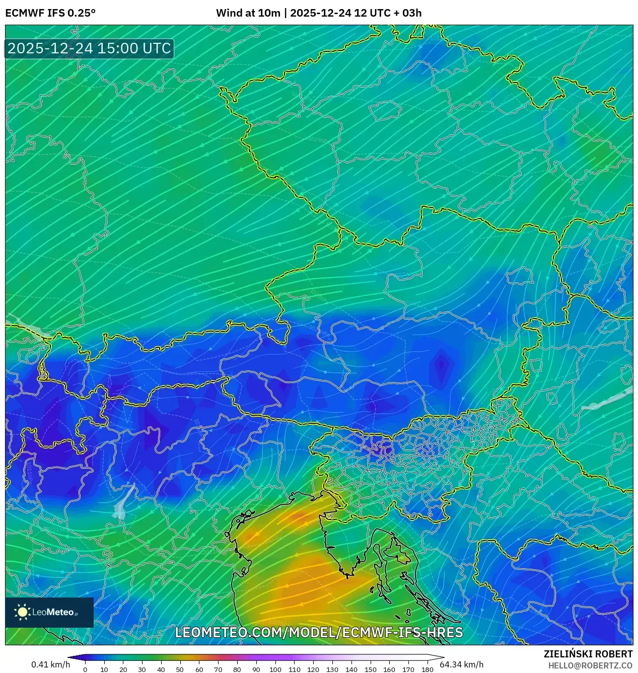 ECMWF IFS 0.25° model - Austria, Wind at 10m