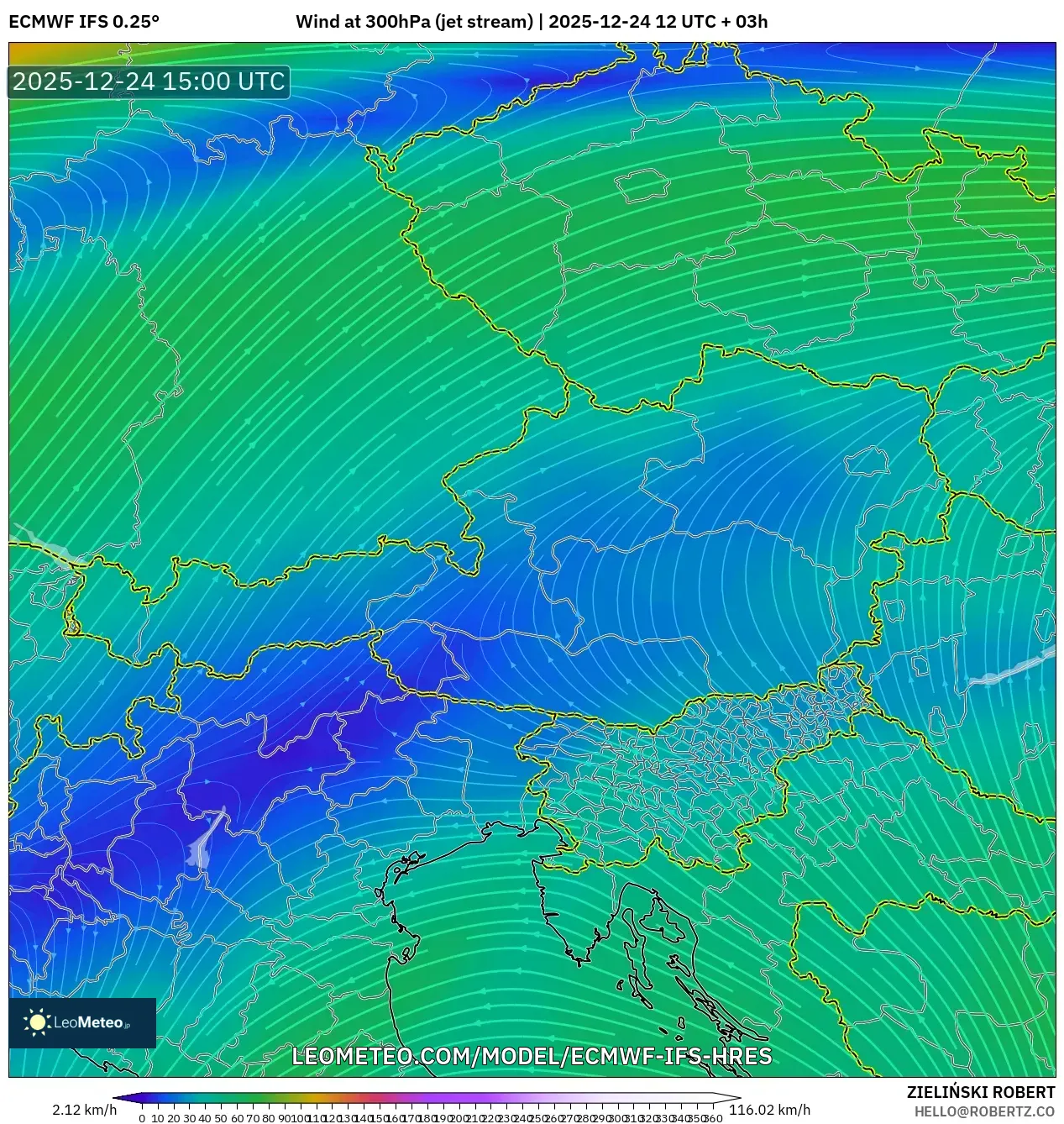 ECMWF IFS 0.25° model - Austria, Wind at 300hPa (jet stream)