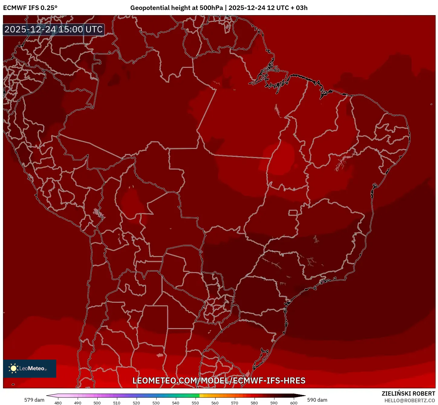 ECMWF IFS 0.25° model - Brazil, Geopotential height at 500hPa