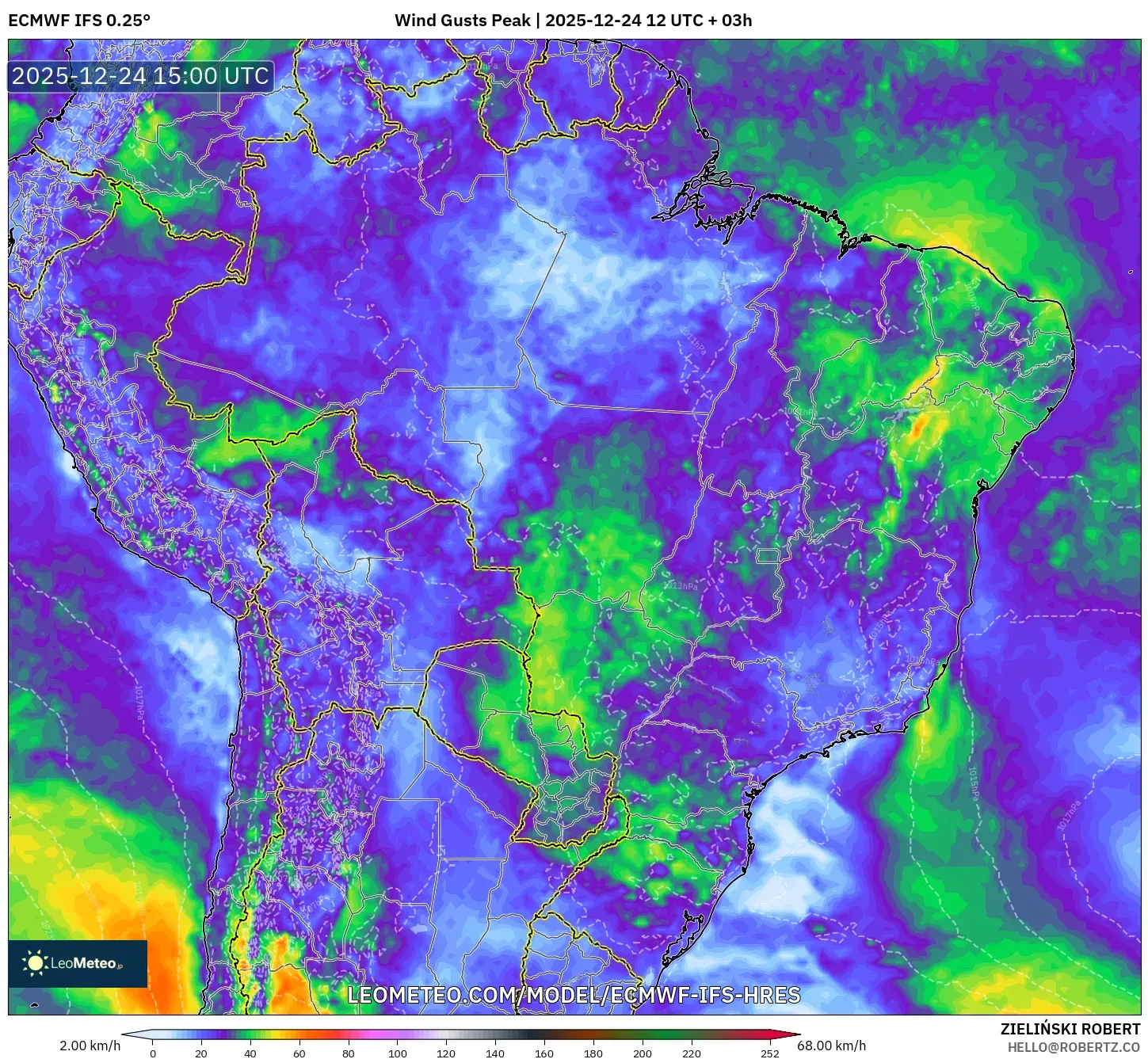 ECMWF IFS 0.25° model - Brazil, Wind Gusts Peak