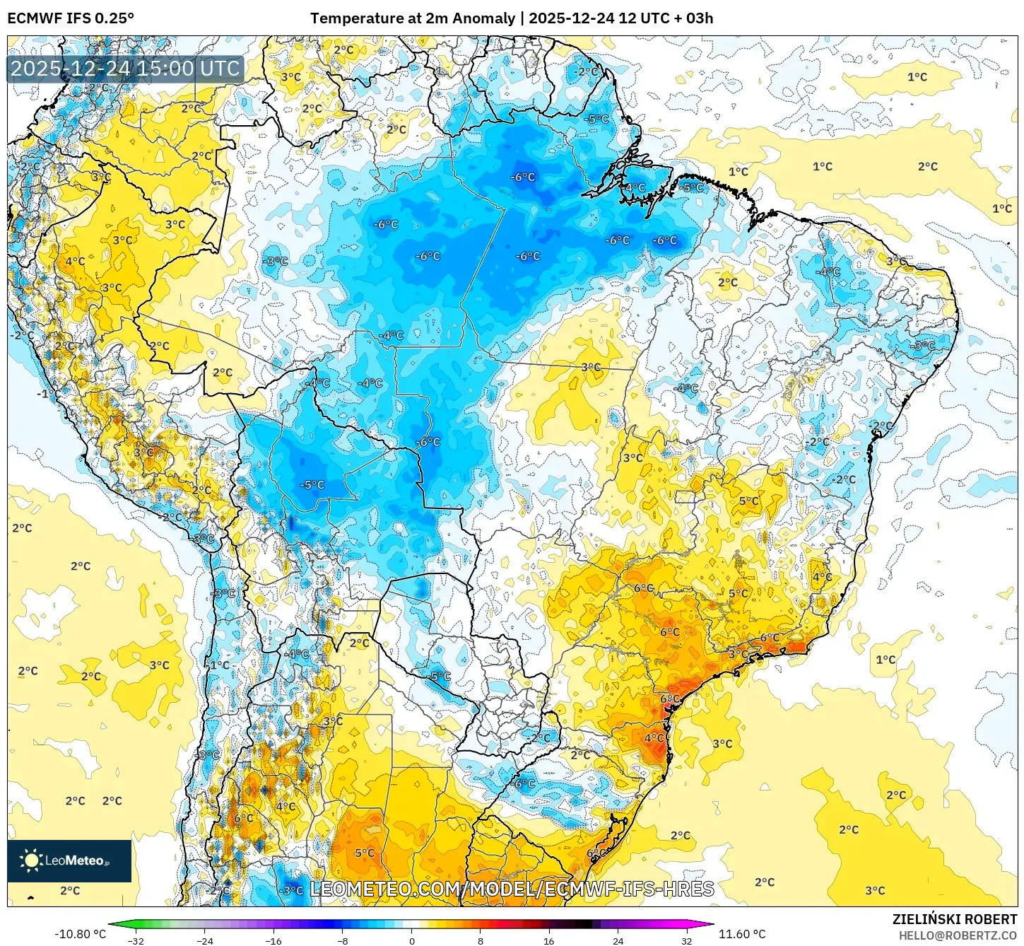 ECMWF IFS 0.25° model - Brazil, Temperature at 2m Anomaly