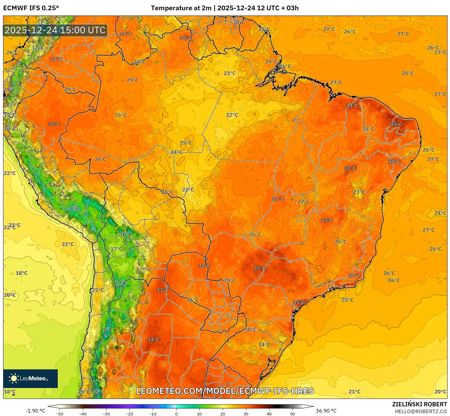 ECMWF IFS 0.25° model - Brazil, Temperature at 2m