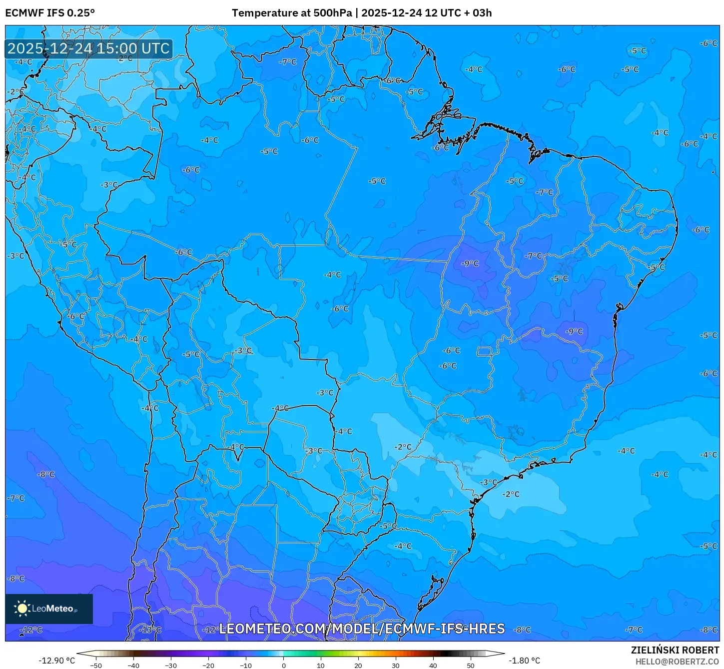 ECMWF IFS 0.25° model - Brazil, Temperature at 500hPa