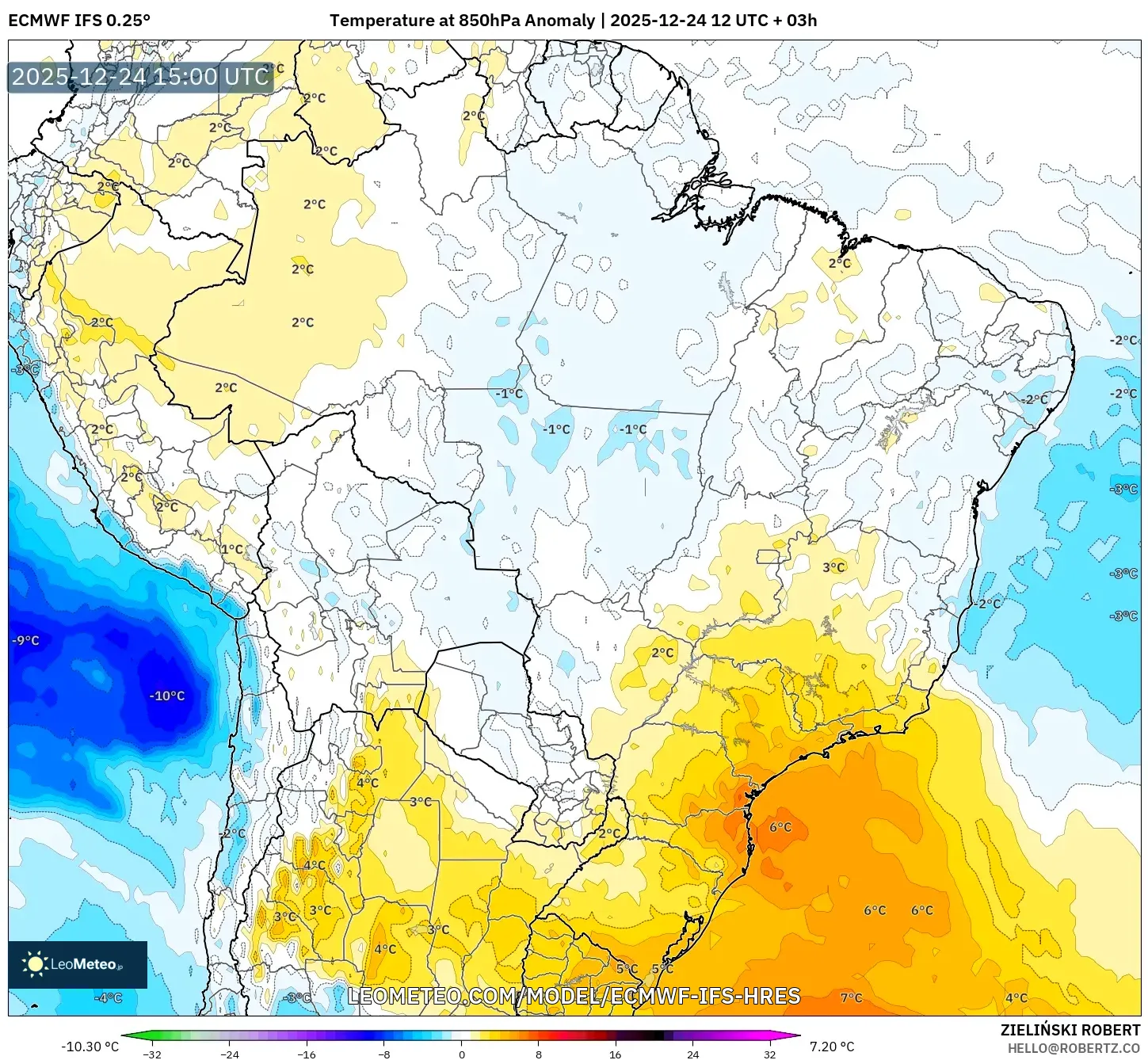 ECMWF IFS 0.25° model - Brazil, Temperature at 850hPa Anomaly