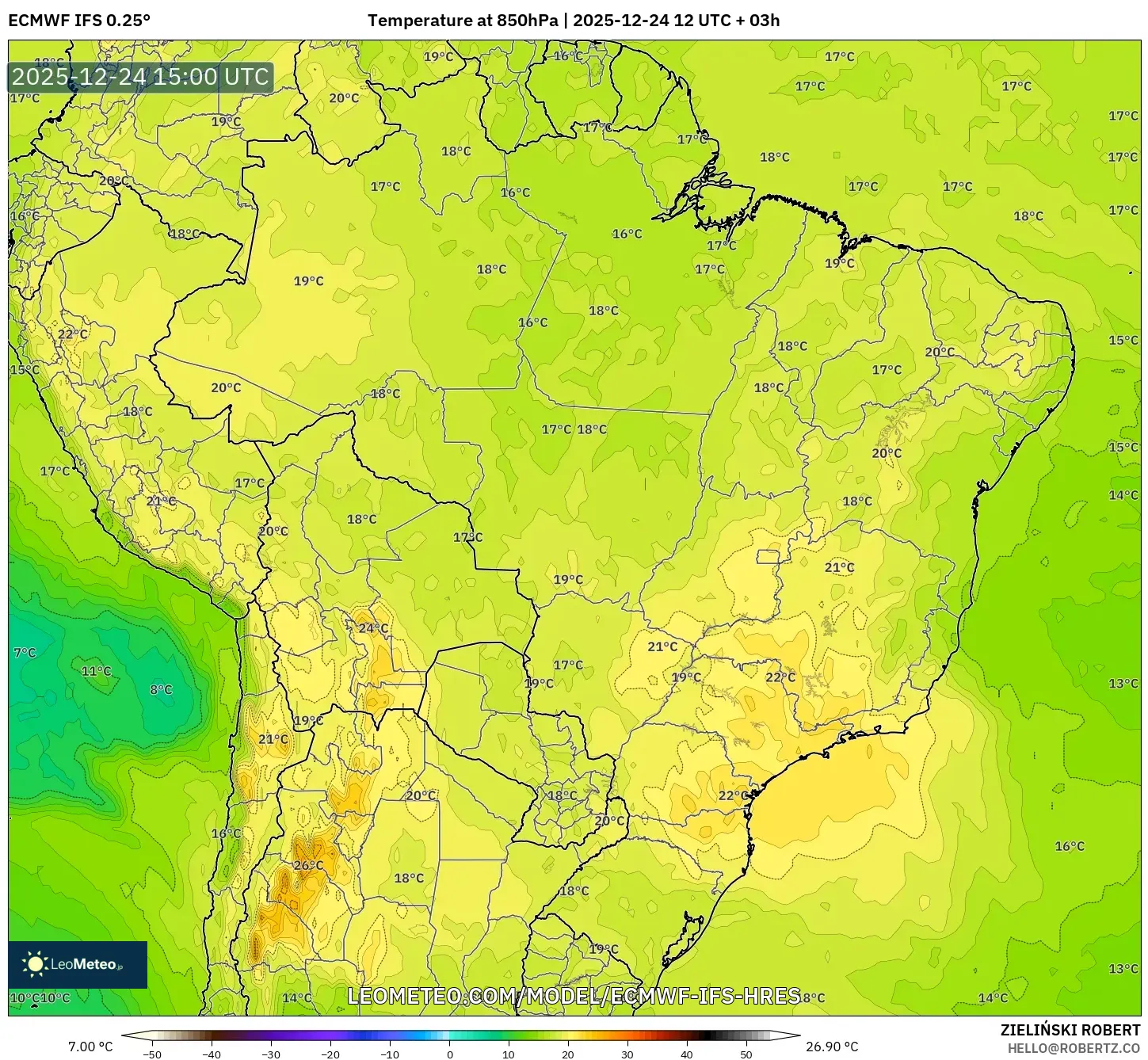 ECMWF IFS 0.25° model - Brazil, Temperature at 850hPa