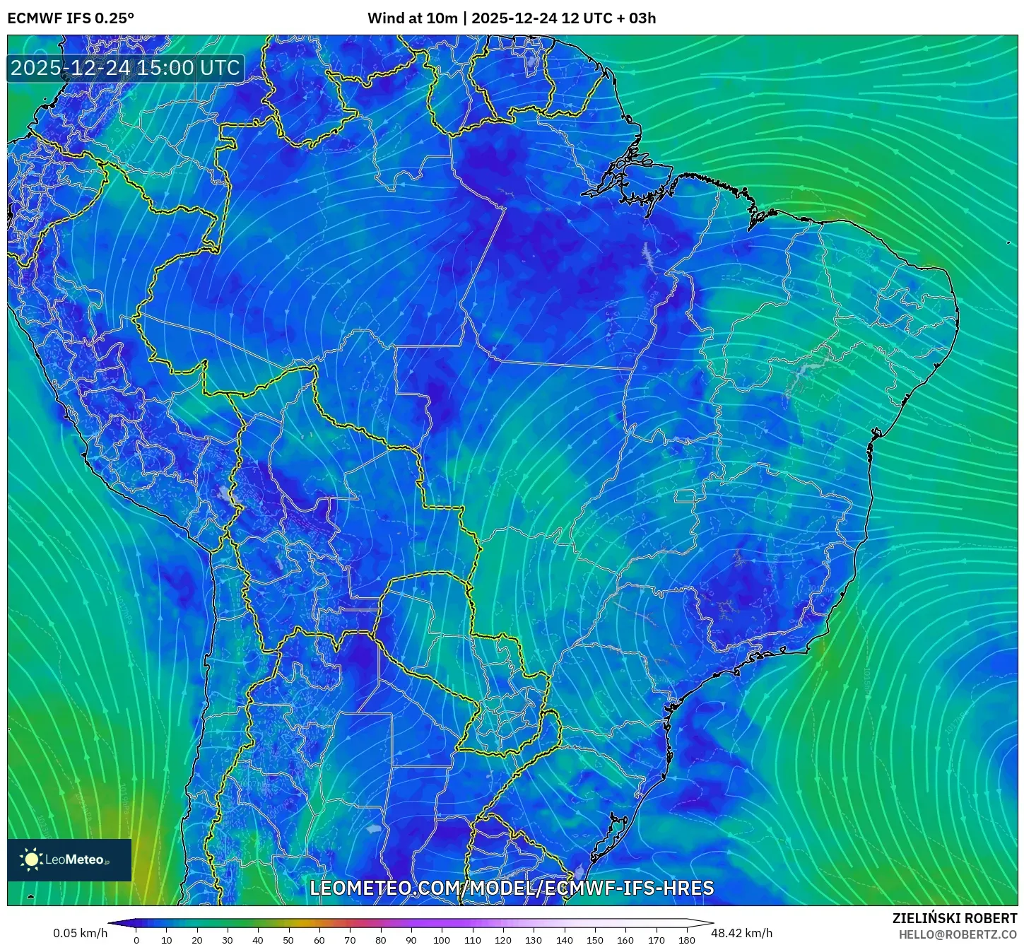ECMWF IFS 0.25° model - Brazil, Wind at 10m