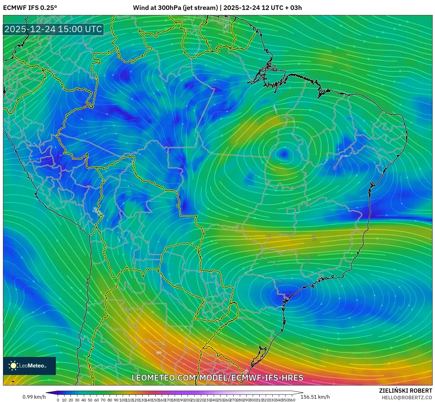 ECMWF IFS 0.25° model - Brazil, Wind at 300hPa (jet stream)