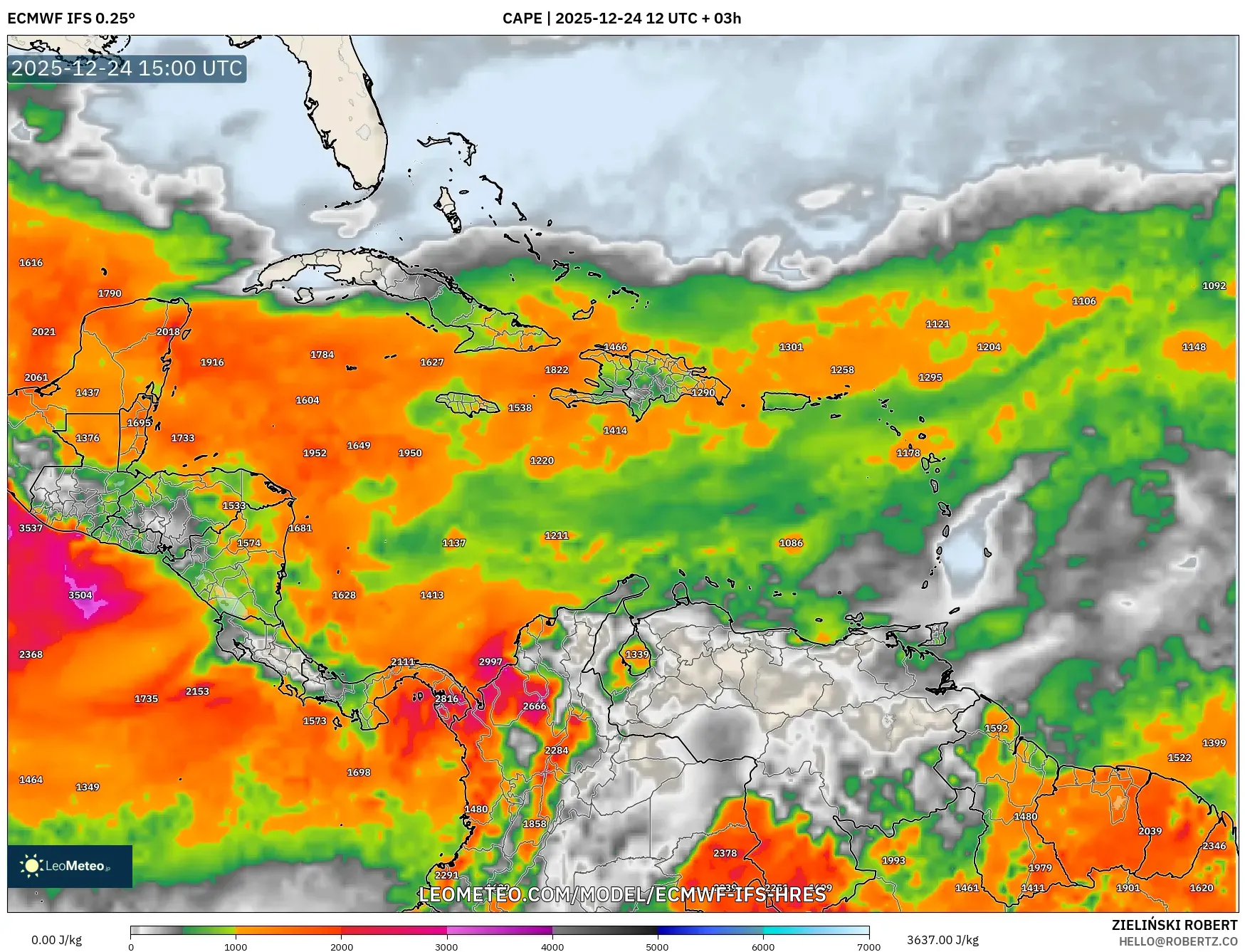 ECMWF IFS 0.25° model - Caribbean, CAPE