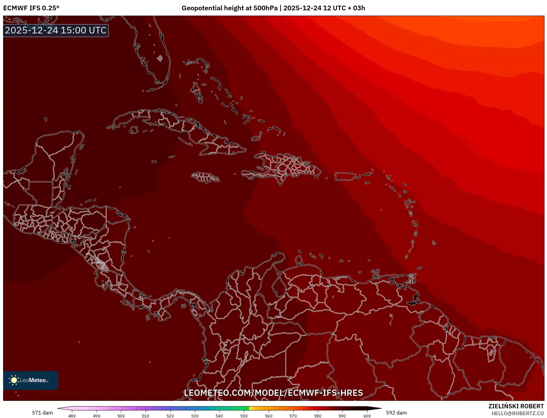 ECMWF IFS 0.25° model - Caribbean, Geopotential height at 500hPa