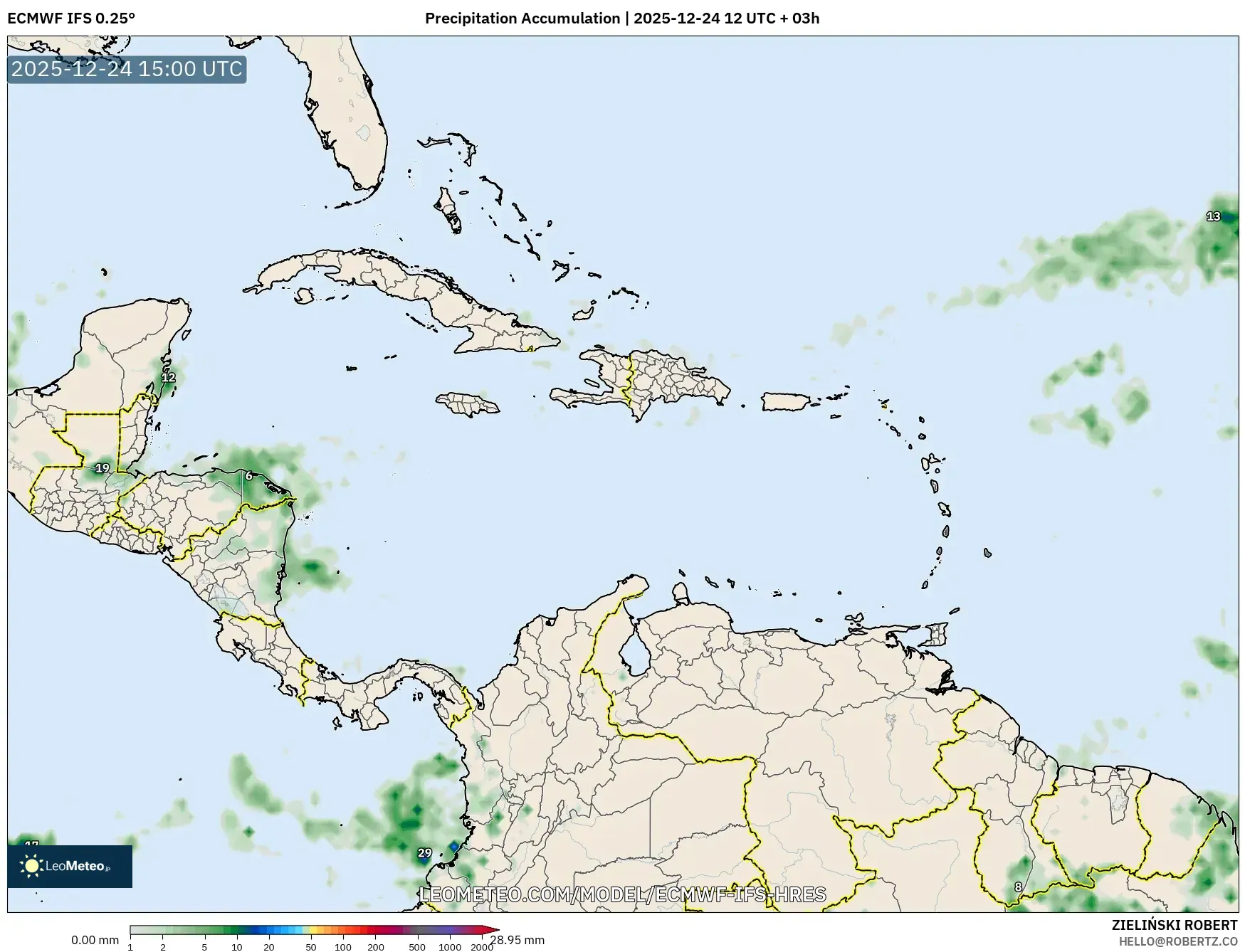 ECMWF IFS 0.25° model - Caribbean, Precipitation Accumulation