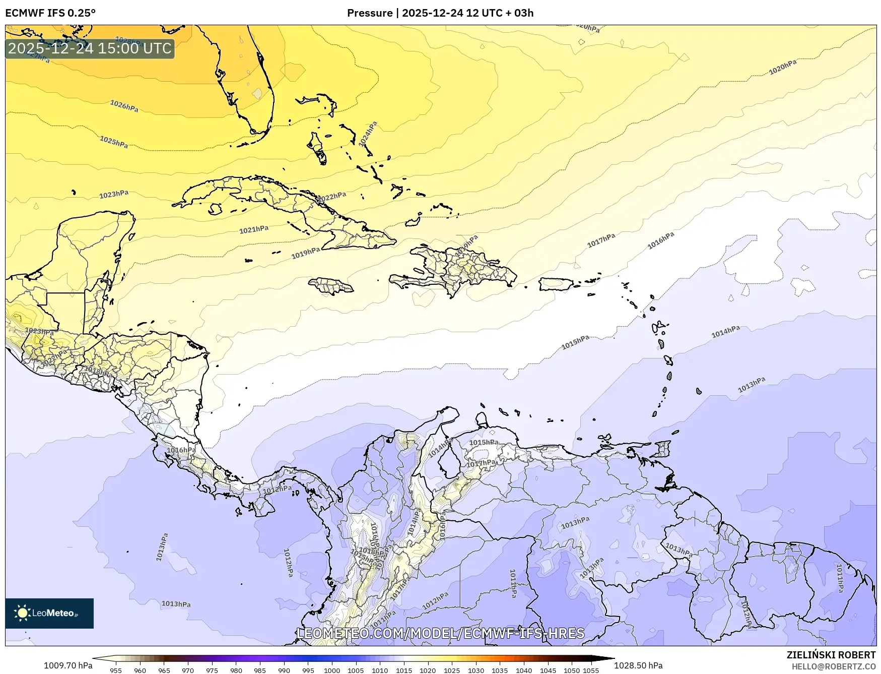 ECMWF IFS 0.25° model - Caribbean, Pressure