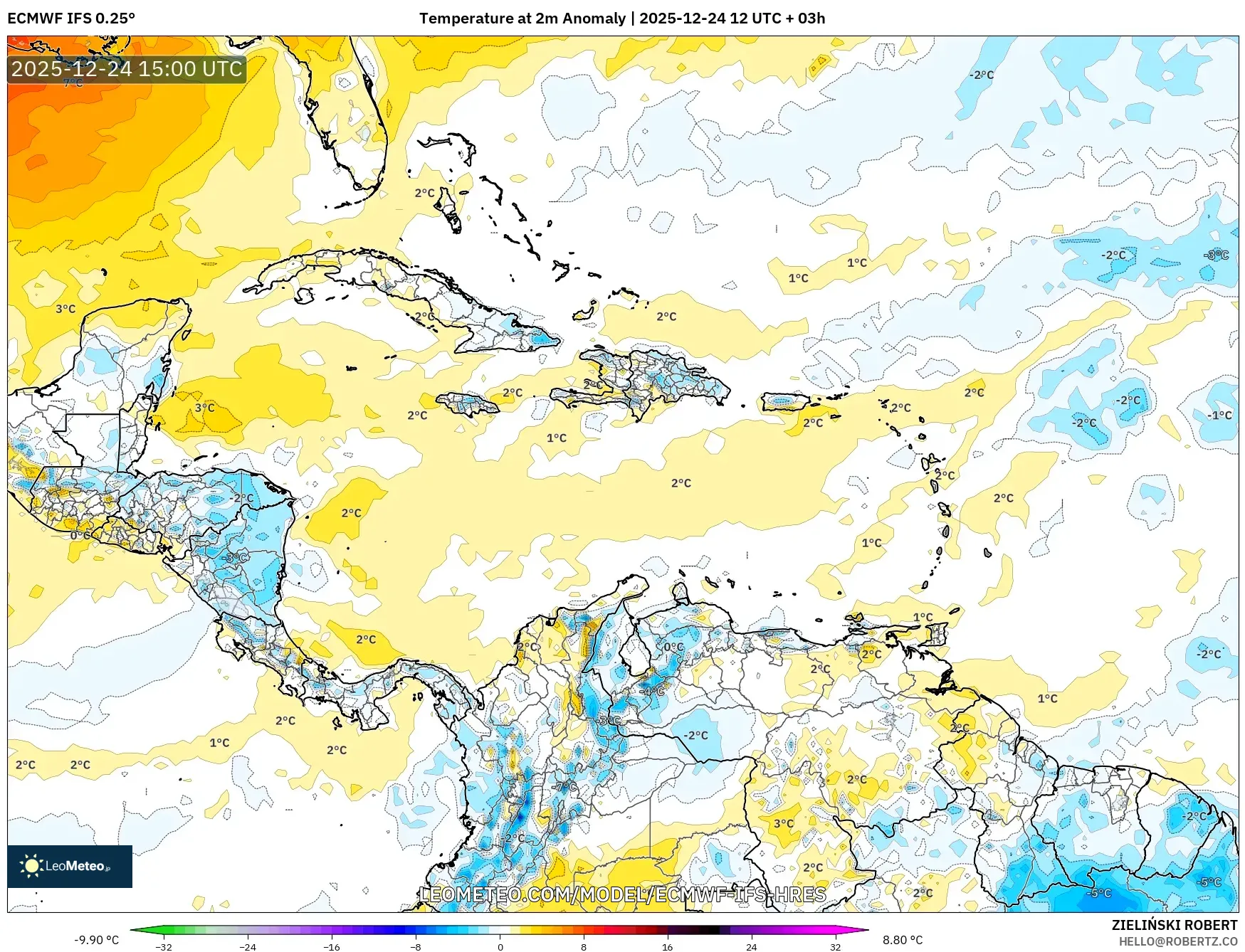 ECMWF IFS 0.25° model - Caribbean, Temperature at 2m Anomaly