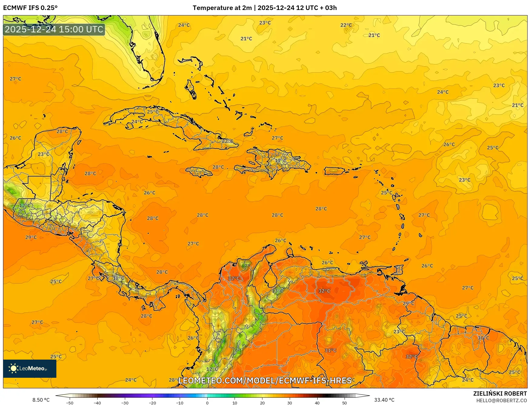 ECMWF IFS 0.25° model - Caribbean, Temperature at 2m
