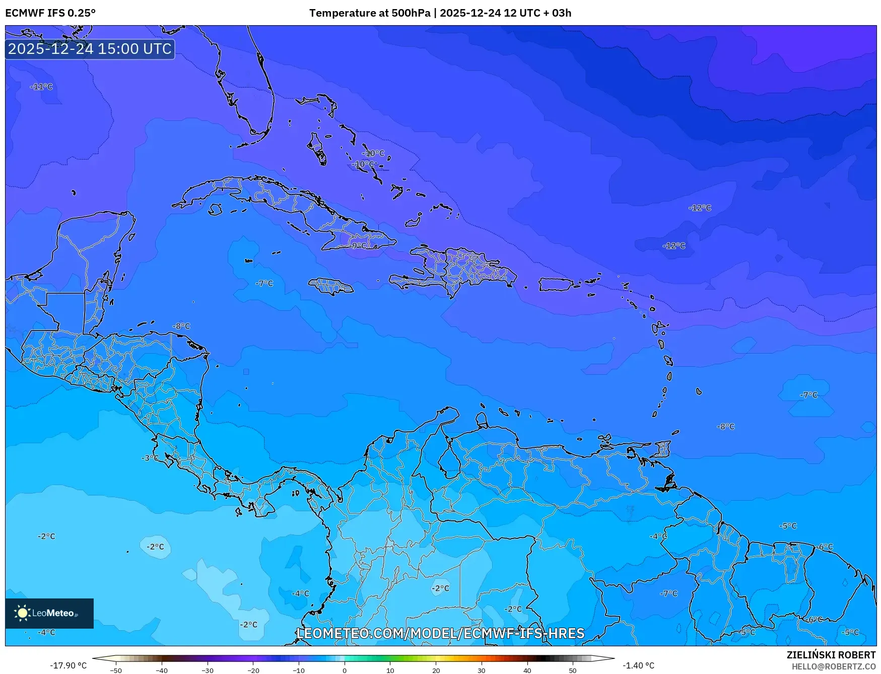 ECMWF IFS 0.25° model - Caribbean, Temperature at 500hPa