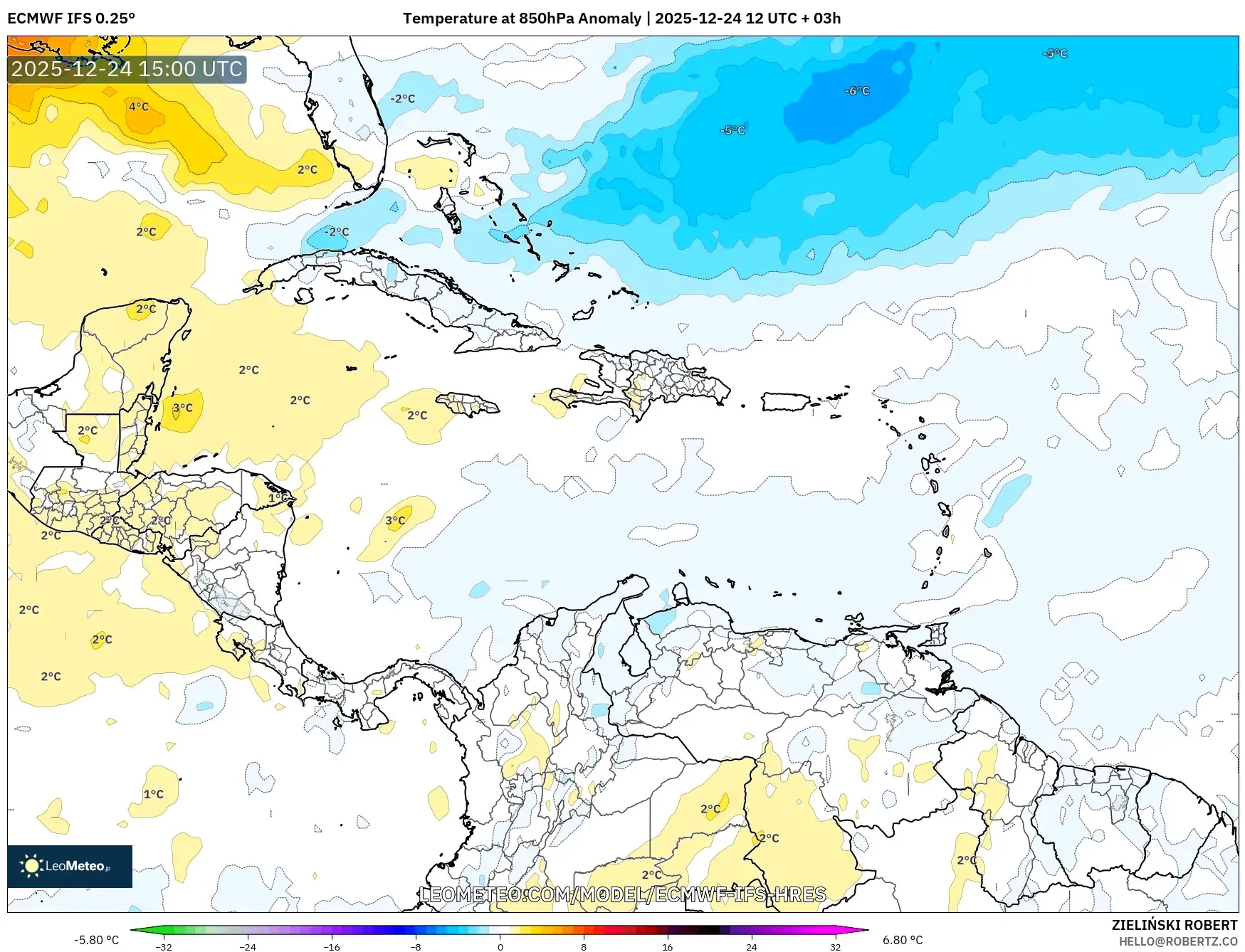 ECMWF IFS 0.25° model - Caribbean, Temperature at 850hPa Anomaly