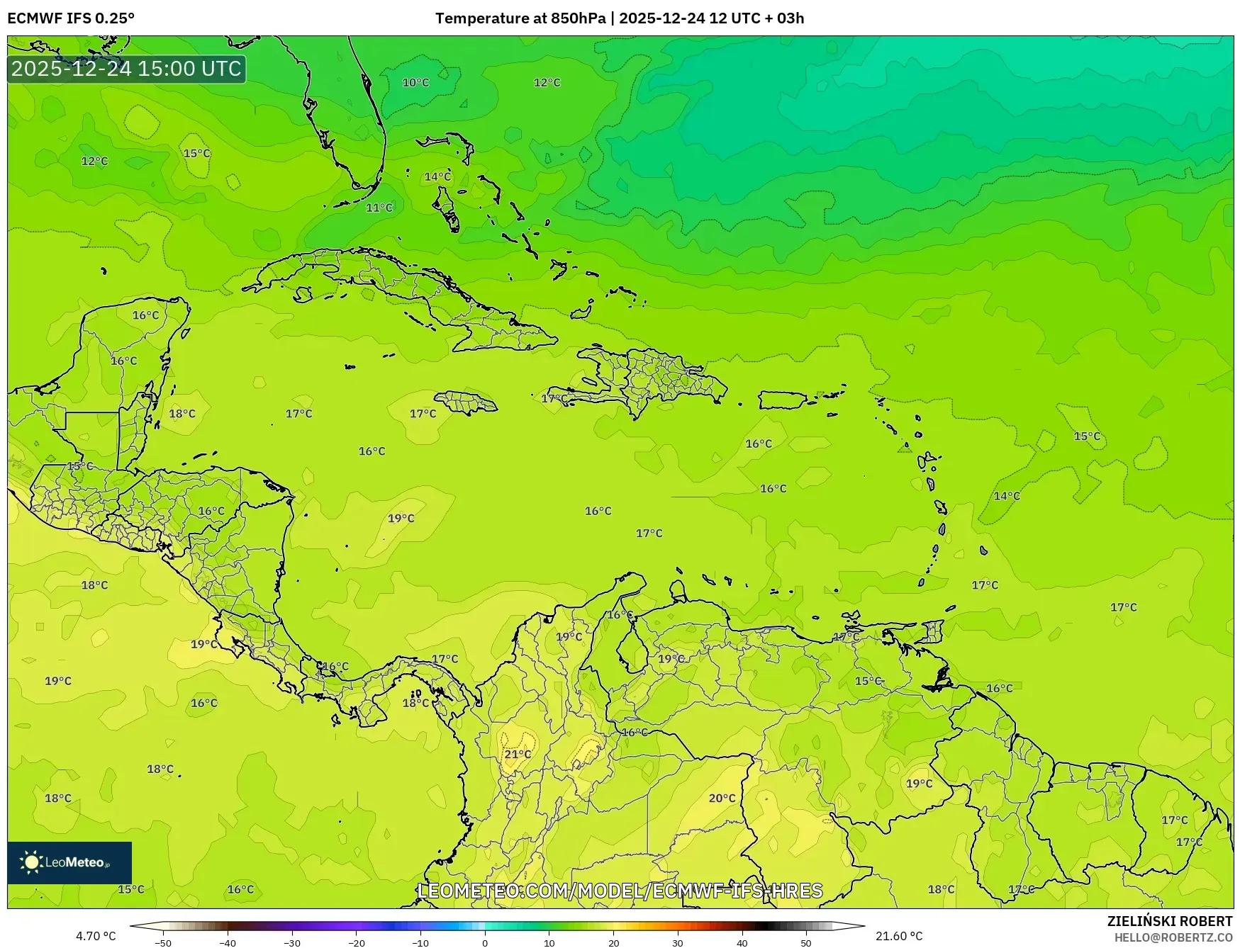 ECMWF IFS 0.25° model - Caribbean, Temperature at 850hPa