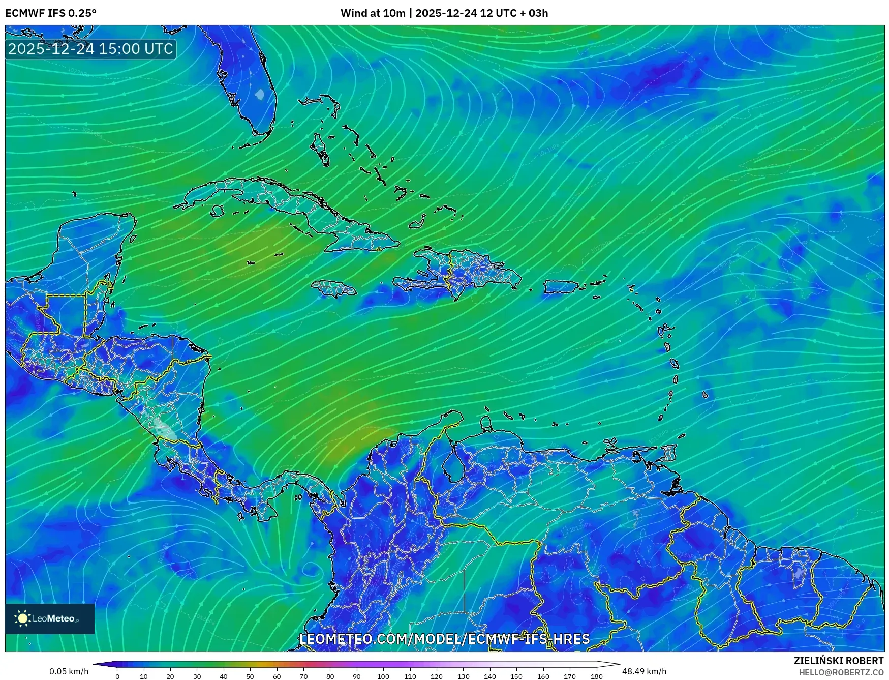 ECMWF IFS 0.25° model - Caribbean, Wind at 10m